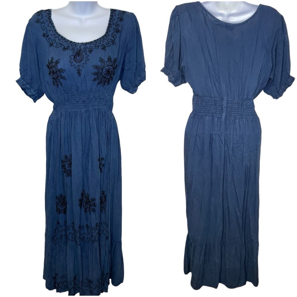 Amanda’s Collection Maxi Short Sleeve Embroidered Peasant Dress Blue Black Large